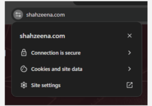 Showing site information icon on the browser search bar next to a URL clicked with "Connection is secure" highlighted from the three dots.