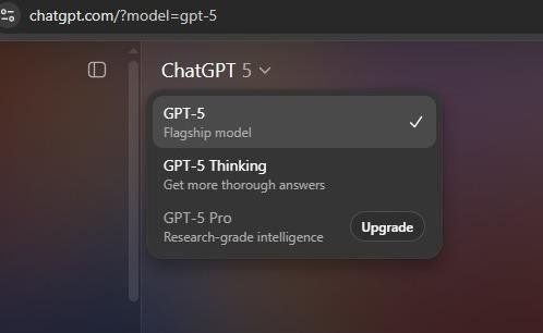 ChatGPT Plus model selector showing GPT-5 and upgrade options, highlighting current GPT-5 issues with slower response time