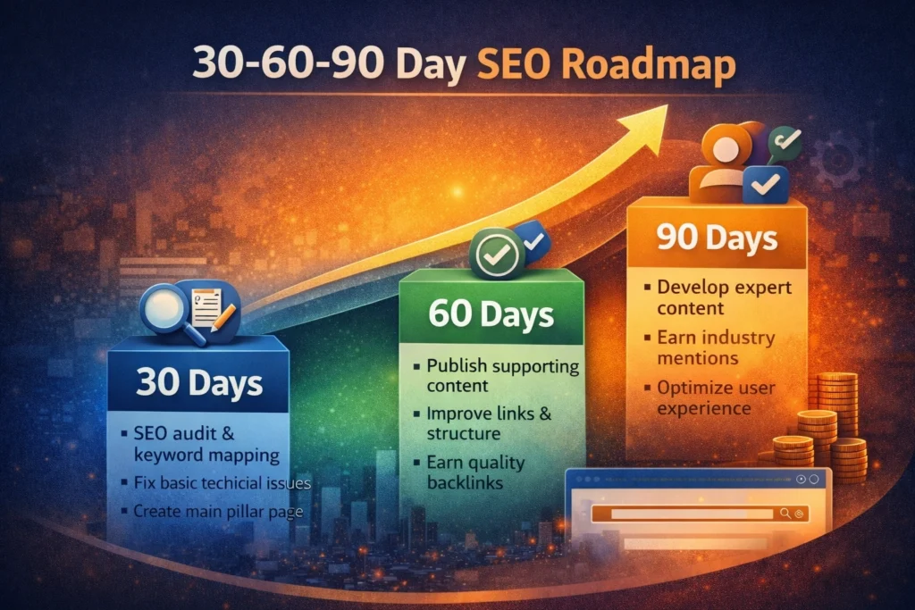 30-60-90 Day SEO Roadmap showing step-by-step SEO optimization strategy