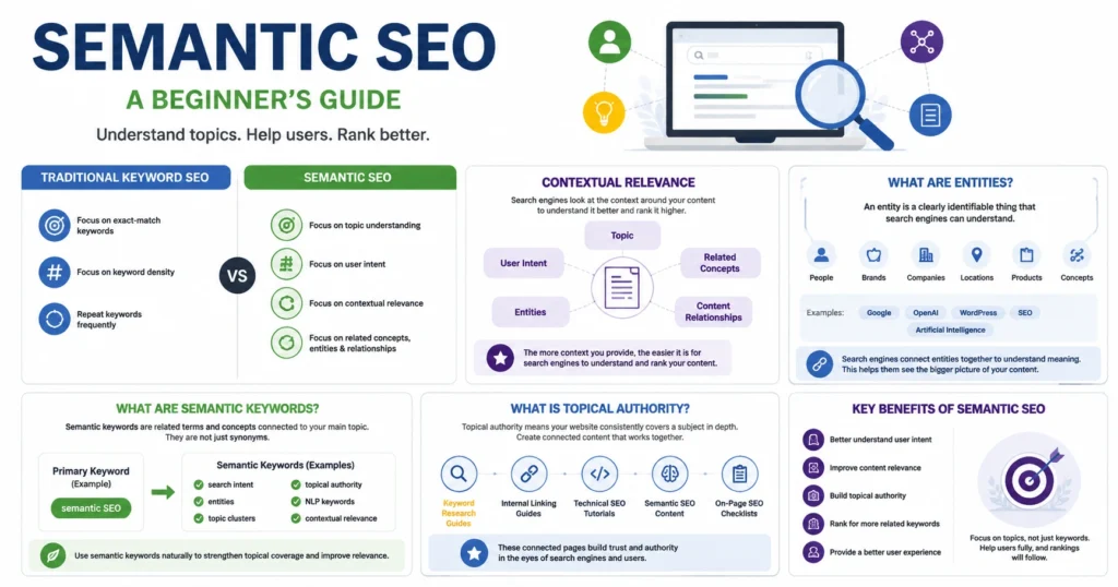 Beginner guide infographic explaining semantic SEO, contextual relevance, entities, and topical authority
