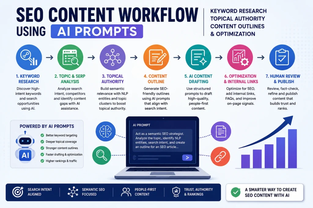 SEO content workflow using AI prompts for keyword research topical authority content outlines and optimization