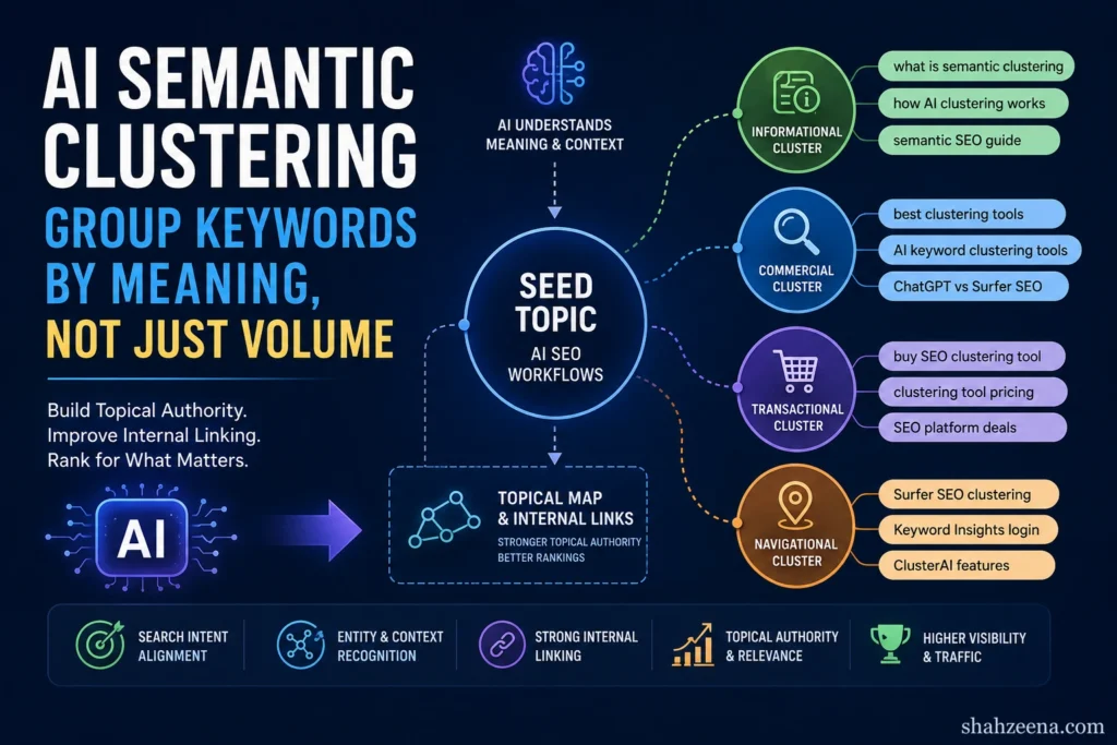 AI semantic keyword clustering workflow showing topical SEO clusters, search intent grouping, and internal linking structure