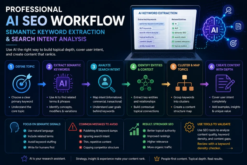 Professional AI SEO workflow showing semantic keyword extraction and search intent analysis