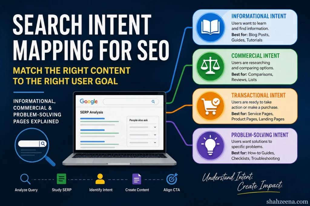 Search intent mapping framework for SEO showing informational, commercial, transactional, and problem-solving content strategies