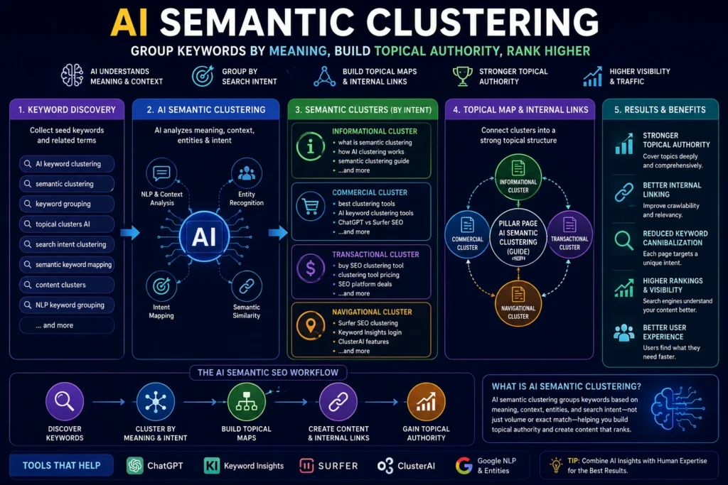Semantic SEO infographic illustrating AI keyword clustering, topical authority mapping, and contextual content relationships