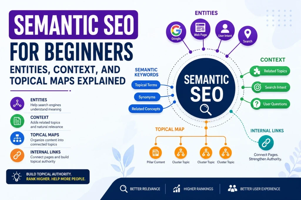Semantic SEO for beginners diagram showing entities, topical maps, semantic keywords, and internal linking