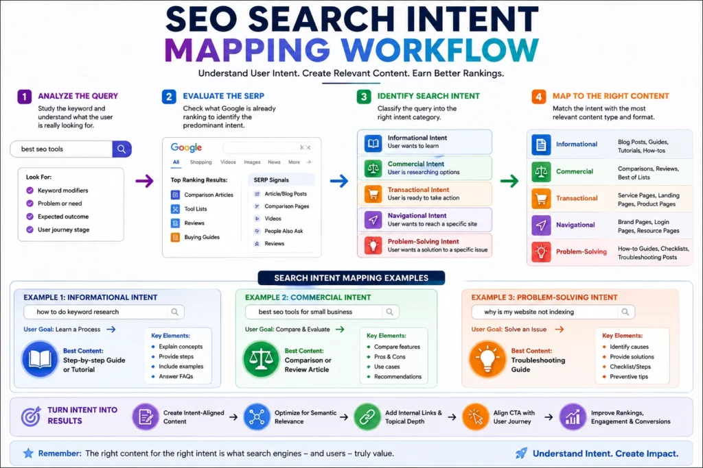 SEO search intent infographic illustrating user intent analysis, SERP evaluation, and content mapping workflow