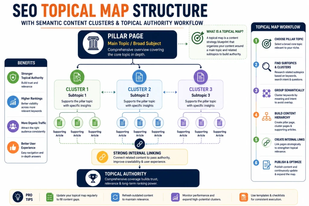 SEO topical map structure with semantic content clusters and topical authority workflow