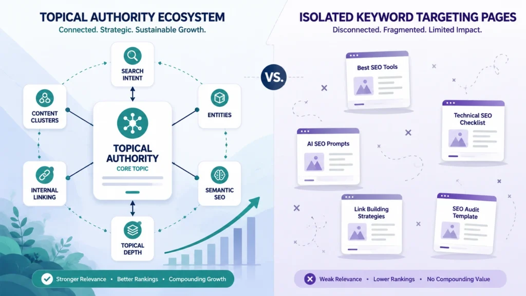 SEO strategy split between topical authority ecosystem and isolated keyword targeting pages