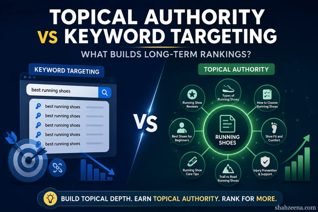 Topical authority vs keyword targeting comparison showing SEO content clusters and ranking strategy differences