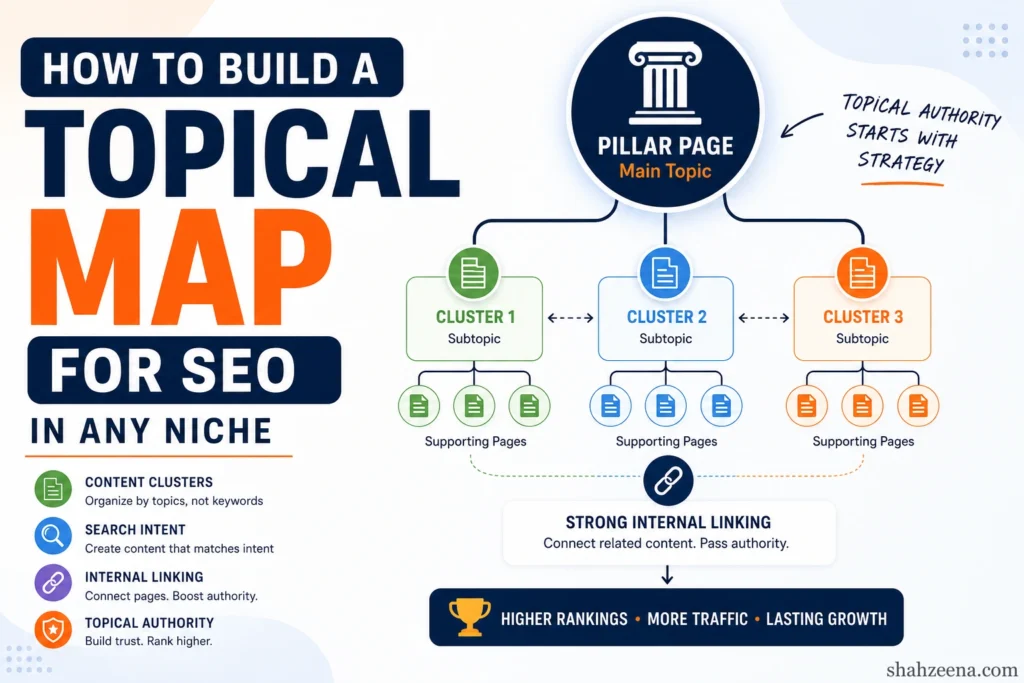 Topical map SEO diagram showing pillar pages content clusters and internal linking strategy