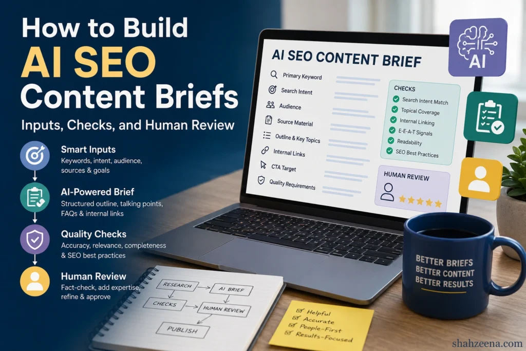AI SEO content brief workflow showing keyword research, source collection, quality checks, internal linking, and human review