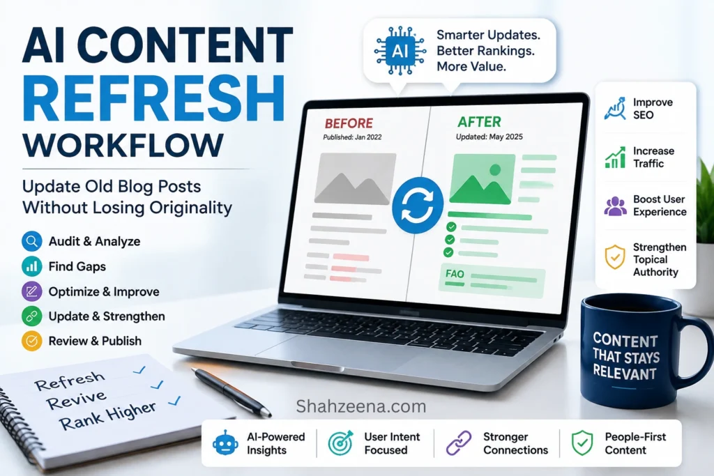 AI content refresh workflow showing how to update old blog posts with SEO improvements and AI assistance