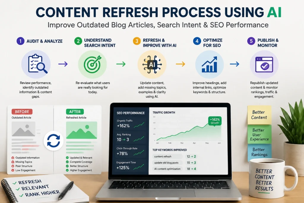 Content refresh process using AI to improve outdated blog articles, search intent, and SEO performance