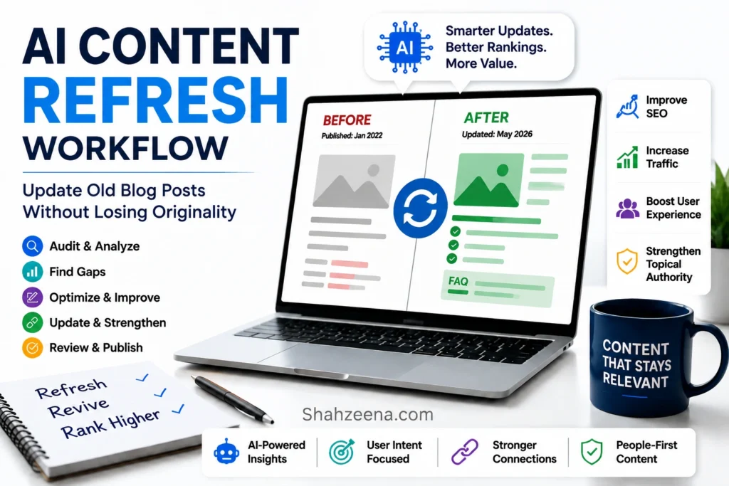 AI content refresh workflow showing how to update old blog posts with SEO improvements and AI assistance