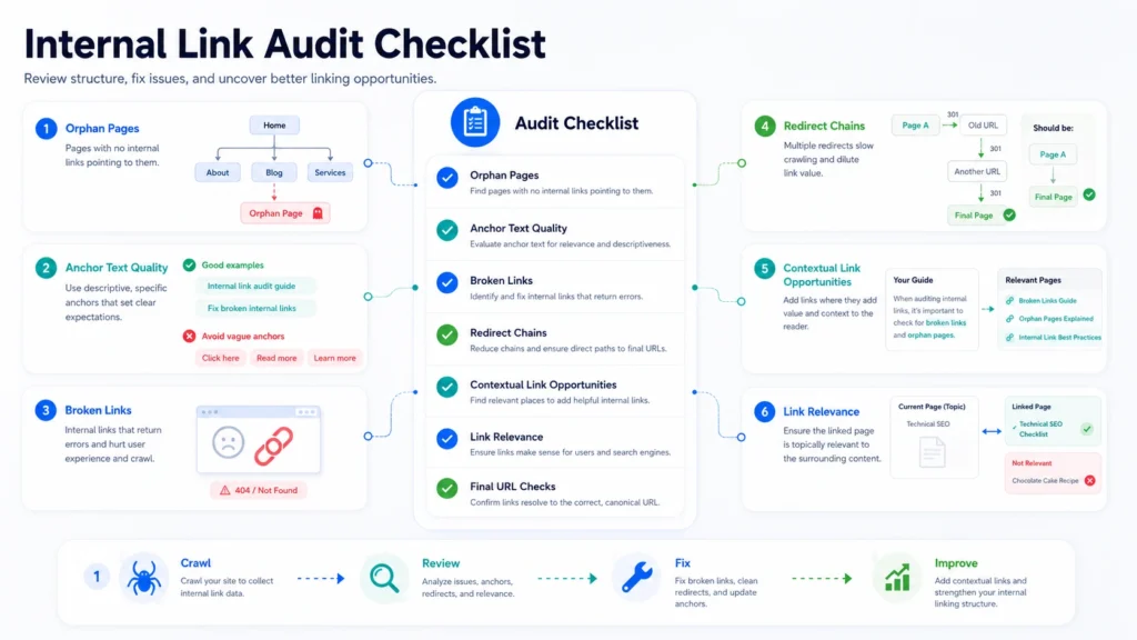 Internal link audit checklist showing orphan pages, anchor text, broken links, redirects and contextual linking opportunities