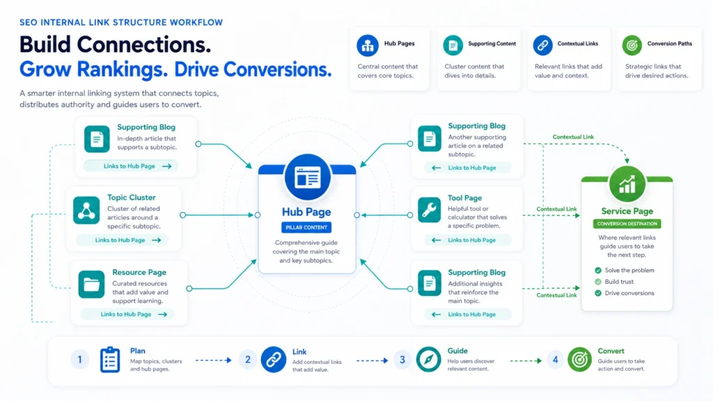 SEO internal link structure workflow showing hub pages, supporting content, contextual links and conversion paths