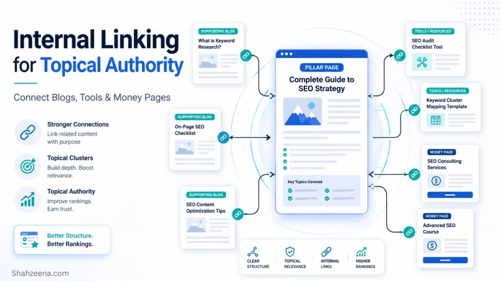 Internal linking SEO diagram connecting a pillar page, supporting blog posts, SEO tools, resources and money pages for topical authority